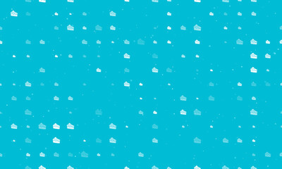 Seamless background pattern of evenly spaced white piece of cake symbols of different sizes and opacity. Vector illustration on cyan background with stars