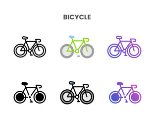 Bicycle icons vector illustration set line, flat, glyph, outline color gradient. Great for web, app, presentation and more. Editable stroke and pixel perfect.
