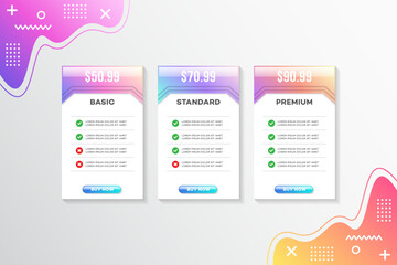 Pricing table design, Pricing plan or subscription web UI elements, Website marketing or promotion interface template, Product comparison table