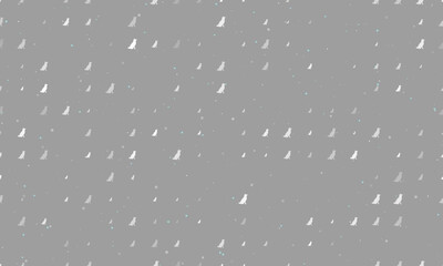 Seamless background pattern of evenly spaced white dog symbols of different sizes and opacity. Vector illustration on gray background with stars