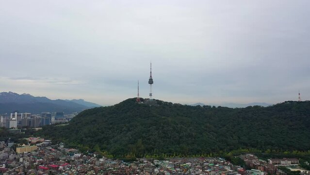 [korea drone footage] Seoul city landscape, Itaewon, Namsan Tower, Landmark