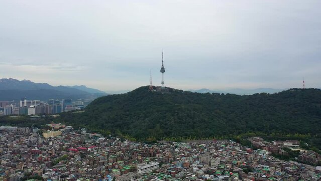 [korea drone footage] Seoul city landscape, Itaewon, Namsan Tower, Landmark
