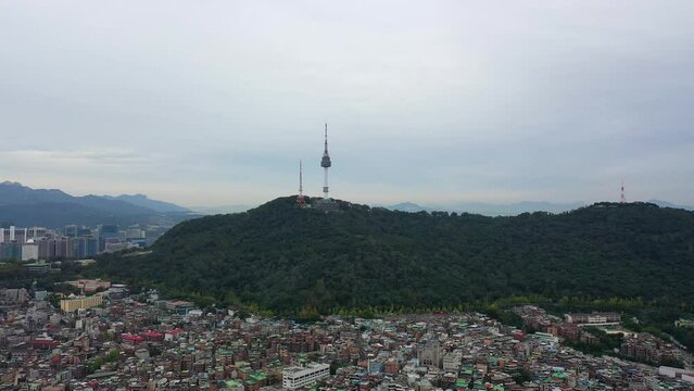 [korea drone footage] Seoul city landscape, Itaewon, Namsan Tower, Landmark