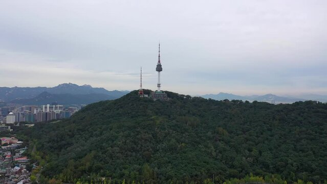 [korea drone footage] Seoul city landscape, Itaewon, Namsan Tower, Landmark