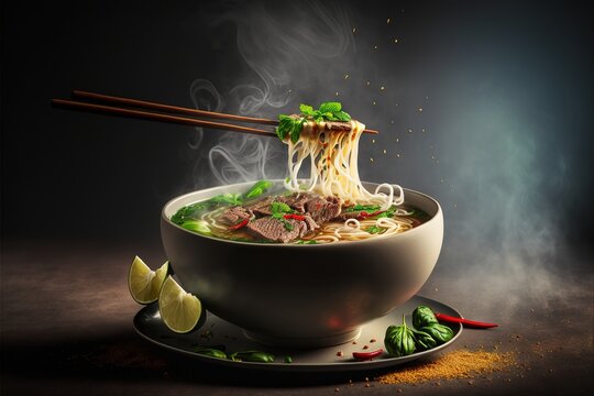 "Steaming Northern Vietnamese Beef Pho (Pho Bo Tai Chin) Food Photography Illustration for Your Mouthwatering Projects"