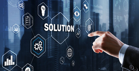 Solution. Businessman pressing on touch screen interface inscription Solutions. Business concept. Internet concept