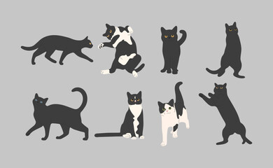 black cat cute 11 on a gray background, vector illustration.