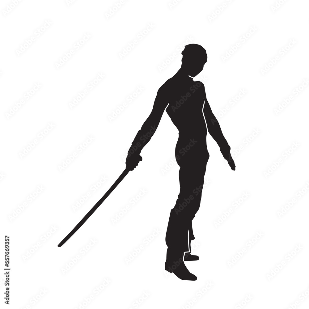 Wall mural Vector silhouette of martial arts kung fu man standing and use sword to perform. Shaolin master illustration on white.