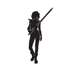 Silhouette of a swordsman girl on white background.