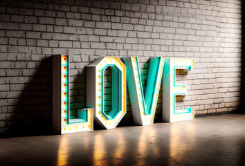 elegant neon L O V E individual letters on industrial brick wall
