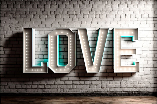 elegant neon L O V E individual letters on industrial brick wall