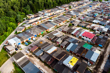 Territory with car garages in a garage cooperative, aerial view