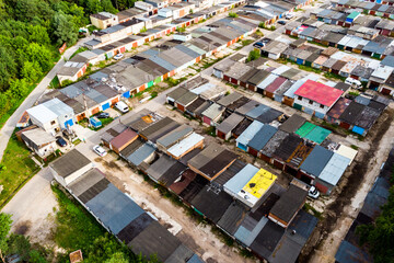 Territory with car garages in a garage cooperative, aerial view