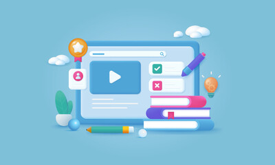 Online education and distance learning concept. Online video training at home. 3d vector EPS10.