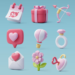 3d Vector icon set of Valentine's day and love anniversary, Valentine's Day Concept.