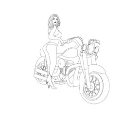 line illustration.
motors bikers.
 swimsuit beautiful sexy woman.
posing with super bikes.
vector doodle.