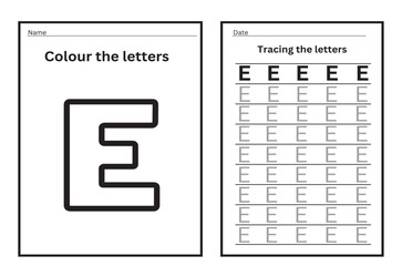 Alphabet tracing practice Letter E. Tracing practice worksheet. Learning alphabet activity page. Printable template. Uppercase and lowercase ABC trace practice worksheet. Learning English handwriting