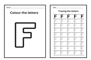 Alphabet tracing practice Letter F. Tracing practice worksheet. Learning alphabet activity page. Printable template. Uppercase and lowercase ABC trace practice worksheet. Learning English handwriting