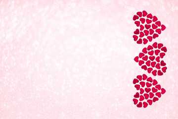 St Valentines day or thank you concept. Many magenta red hearts form three bigger heart shapes flat...