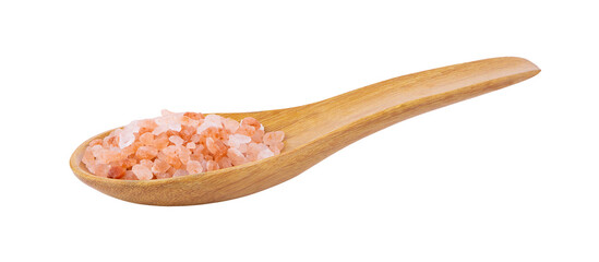 Himalayan salt raw crystals in wood spoon Isolated on transparent png