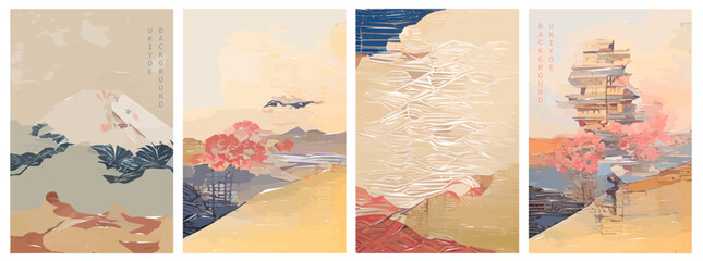 Set of Japanese background. Ukiyoe traditional illustration of landscape, mountains, pagoda, Sakura.