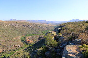 Fototapeta na wymiar Blyde River Canyon and The Three Rondavels (Three Sisters) in Mpumalanga, South Africa. The Blyde River Canyon is the third largest canyon worldwide