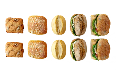 Papier Peint photo Snack Top view of composition with bread, loaf, wholegrain sandwich isolated on white background. Different kinds of bread. Top view, flat lay. A set of different breads. Collection of sub sandwiches 