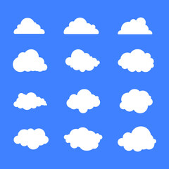 Vector set of twelve illustrations of clouds on a blue background.