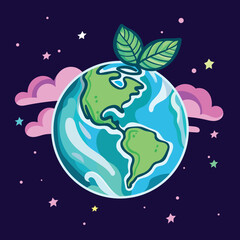 Fototapeta premium Planet earth with a green sprout on top. Ecology friendly concept. Earth day icon vector illustration.