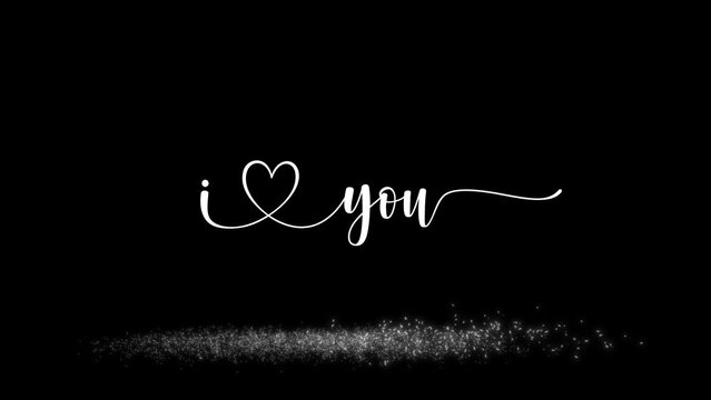 I love you animation with white handwritten text bouncing and falling particles on sparkling floor on black and green screen background perfect for greeting someone you love.