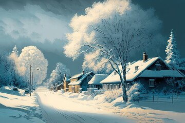 illustration of rural village in winter season, snow covered everything