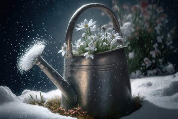 illustration of watering can and flower bouquet in winter storm with snow falling freezing weather, idea for late winter hunger for blossom flowers