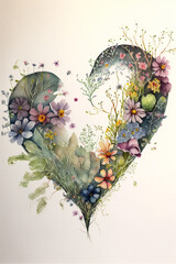 floral heart shape with soft tiny flowers, background , valentines card, watercolour style, Generative AI