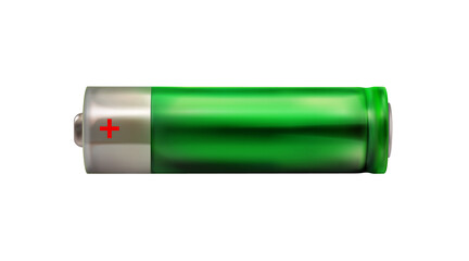 Green realistic battery icon isolated. Alkaline type AA. Blank object, 3D mockup. png