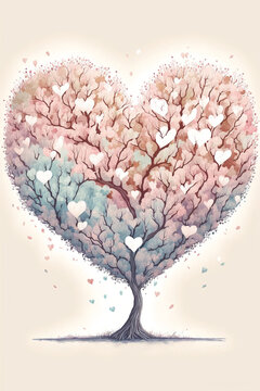 heart shape tree , valentines card, watercolour style, Generative AI