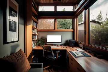 illustration of small house interior design, office area use double-duty furniture in limit space, contemporary design close to nature concept, ,mockup idea, Generative Ai