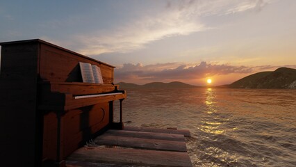 Fototapeta na wymiar black piano in pier with beautiful sea view