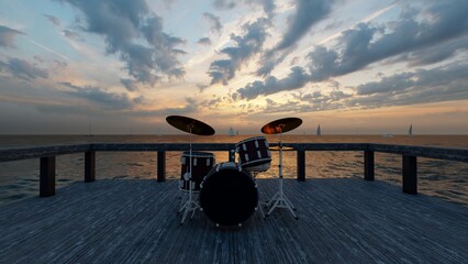 drum set in pier with beautiful sea view