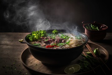 "Steaming Northern Vietnamese Beef Pho (Pho Bo Tai Chin) Food Photography Illustration for Your Mouthwatering Projects"