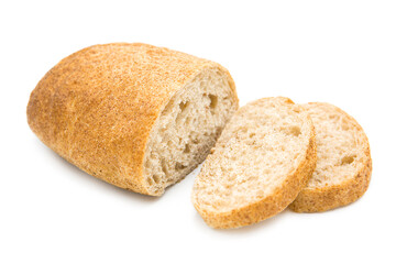 Slice of ciabatta ( Italian bread ) isolated on white background. Copy space.	