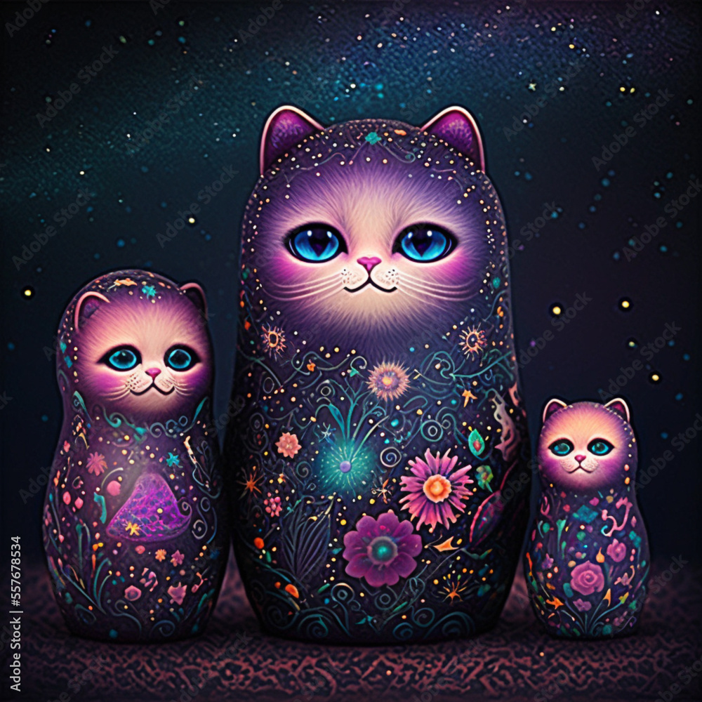 Wall mural Ornamental Matryoshka Russian Dolls with luminous flourescent patterns