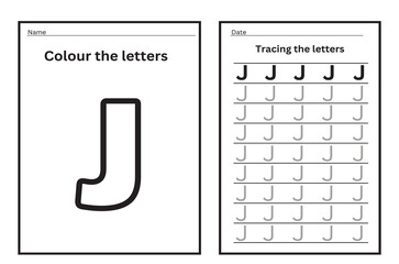 Alphabet tracing practice Letter J. Tracing practice worksheet. Learning alphabet activity page. Printable template. Uppercase and lowercase ABC trace practice worksheet. Learning English handwriting