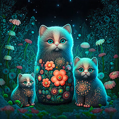 Ornamental Matryoshka Russian Dolls with luminous flourescent patterns