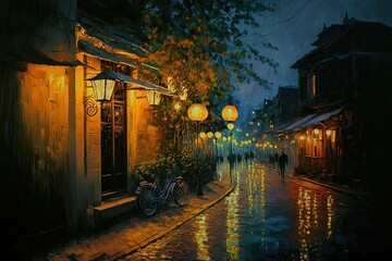 oil painting style illustration of town landscape in night time, Ha Noi, Vietnam