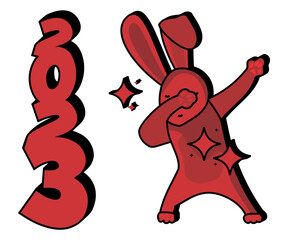 An abstract vector illustration of a rabbit in a triumphant dab dance pose for New Year 2023 