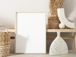 Frame and poster mockup in Boho style interior. 3d rendering, 3d illustration