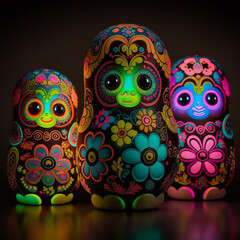 Obraz premium Ornamental Matryoshka Russian Dolls with luminous flourescent patterns
