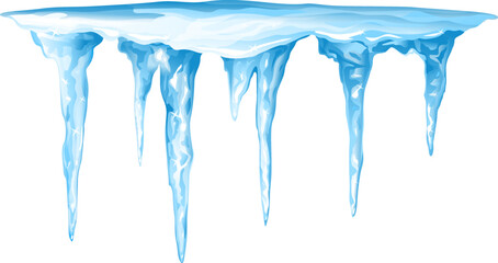 Blue frozen icicle cluster hanging down from snow isolated illustration, frozen drops of water hang from the roof, falling icicles weather danger - obrazy, fototapety, plakaty