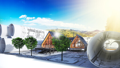 Bauplannung an einem modernen Mehrfamilienhaus in einer Photvoltainkanlage (mit Landschaft im Hintergrund) - 3D Visualisierung