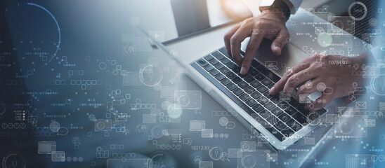 Data science, business analysis and strategy, big data concept. Businessman analyzing financial graph on virtual touch screen, futuristic technology solution for business development